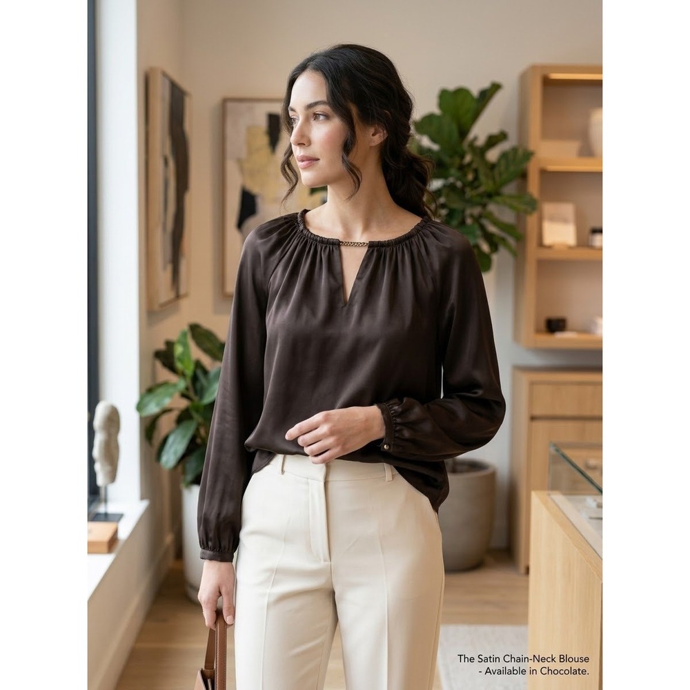 Chain Neck Satin Magaschoni Brown Silk Blend Blouse Size 10 Medium
